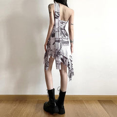 Contrast print halter ruched irregular ruffle backless mini dress