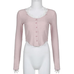 Long sleeve halter contrast lace hem self tie button crop top