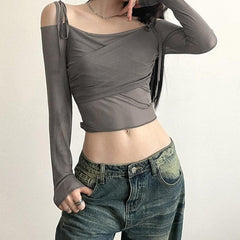 Long sleeve mesh self tie off shoulder solid crop top