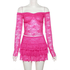 Lace off shoulder ruffle long sleeve solid mini skirt set