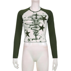 Stitch long sleeve contrast star pattern crewneck top