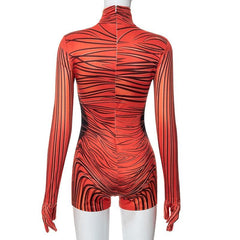 Striped zip-up contrast high neck long sleeve romper