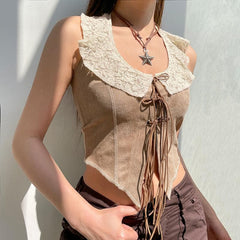 Lace hem contrast halter self tie backless sleeveless top