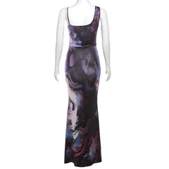 Contrast print irregular sleeveless backless maxi dress