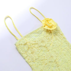 Lace solid flower applique see through slit cami midi dress