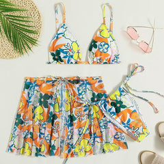 Flower pattern contrast self tie 3 piece swimwear