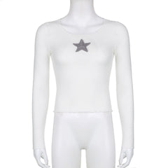 Star embroidery long sleeve ruffle round neck top