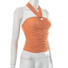 Halter ruched backless mesh solid hollow out top