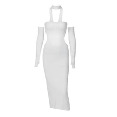 Gloves halter solid button hollow out backless midi dress