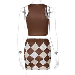 Crewneck sleeveless plaid skirt set