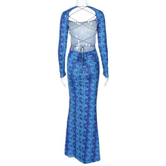 Lace up backless long sleeve slit ruched contrast print maxi dress