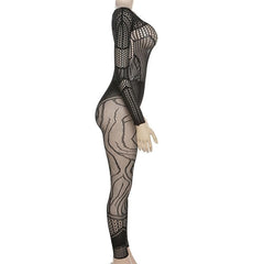 Long sleeve hollow out solid fishnet see through jumpsuit
