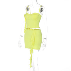 Flower applique solid ruffle ribbon cami mini skirt set