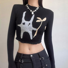 Patchwork contrast high neck long sleeve ruffle crop top