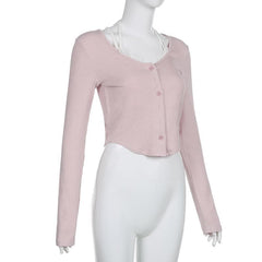 Long sleeve halter contrast lace hem self tie button crop top