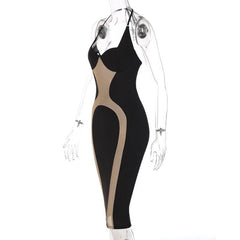 Mesh see through hollow out halter midi dress