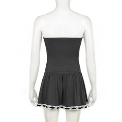 Ribbed lace hem contrast ruched backless tube mini dress