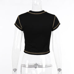 Contrast print short sleeve stitch hollow out crewneck crop top