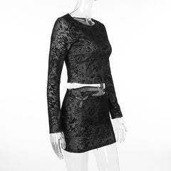 Long sleeve textured round neck hollow out mini skirt set