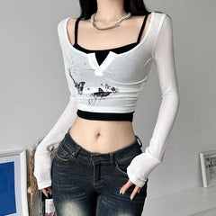 Butterfly pattern long sleeve button contrast 2 piece crop top