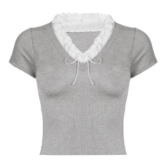 Knitted short sleeve lace hem contrast crop top - Final Sale