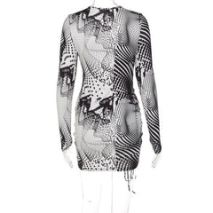 Long sleeve cross front print ruched drawstring dress