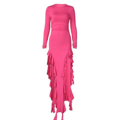 Long sleeve crewneck ruffle slit solid ruched maxi dress