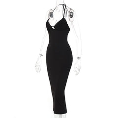 Sleeveless solid hollow out slit self tie backless midi dress