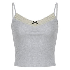 Lace hem v neck contrast backless cami top