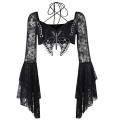 Flared sleeve lace butterfly embroidery halter crop top