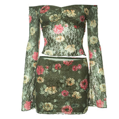Long sleeve off shoulder flower print lace contrast mini skirt set