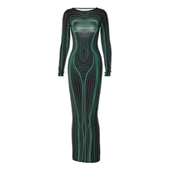 Long sleeve round neck contrast abstract body print maxi dress