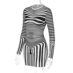 Striped contrast long sleeve crewneck mini dress