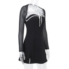 Long sleeve bowknot mesh shrug slit zip-up glitter 2 piece mini dress