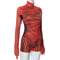 Striped zip-up contrast high neck long sleeve romper