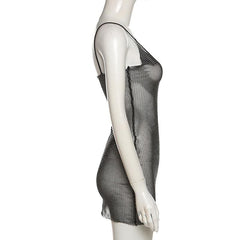 Beaded V neck sheer mesh see through mini dress