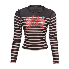 Striped long sleeve contrast sheer mesh see through top
