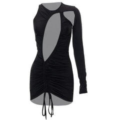 Ruched drawstring irregular solid one shoulder hollow out mini dress