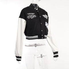 Embroidery contrast button patchwork high neck coat top