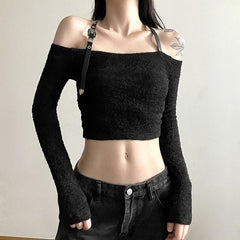 Fluffy halter PU leather buckle off shoulder long sleeve crop top