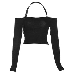 Fluffy halter PU leather buckle off shoulder long sleeve crop top