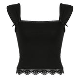Square neck solid lace hem lace up crop top