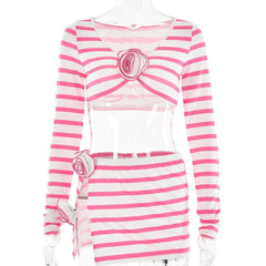 Striped flower applique long sleeve contrast slit mini skirt set