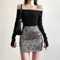 Glitter patchwork off shoulder gloves mini dress