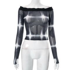 Tie dye contrast off shoulder long sleeve gloves sheer mesh see through top