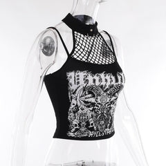 Halter backless abstract button contrast fishnet crop top