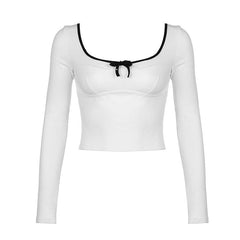 Square neck bowknot contrast long sleeve crop top