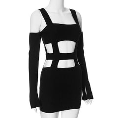Solid hollow out off shoulder long sleeve backless mini dress
