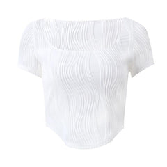 Textured solid short sleeve u neck crop top