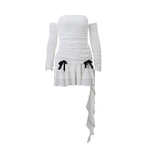 Long sleeve off shoulder ruched bowknot backless ruffle mini dress